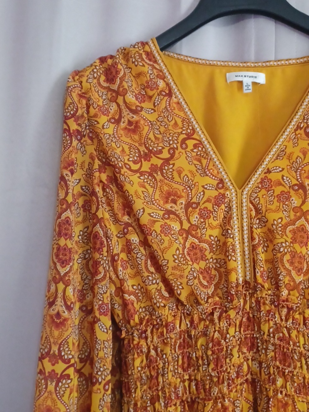 Max Studio Smocked Waist Mini Dress Balloon Sleeves V-Neck Mustard Boho Size L - Picture 4 of 15
